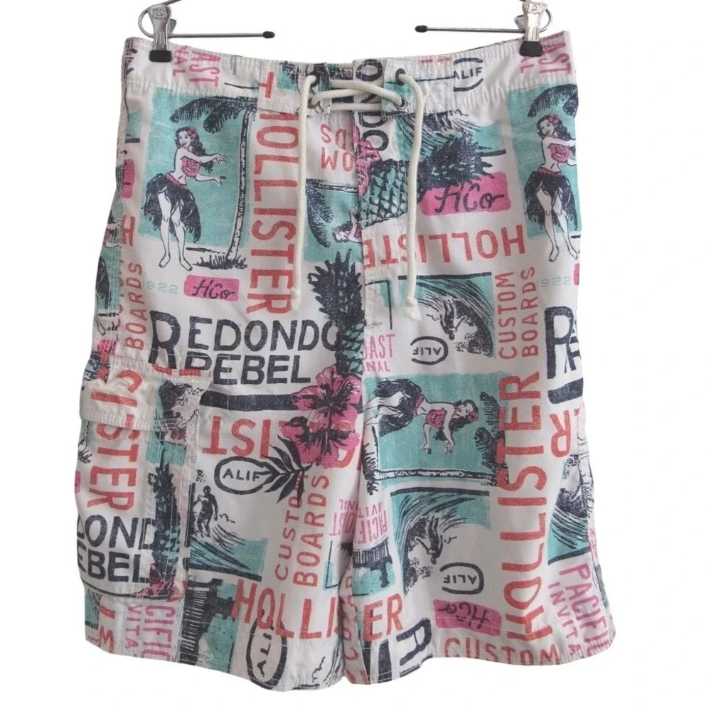 Hollister Mens White Hawaiian Hula Girl Board Shorts Swim Trunks Surf M Retro